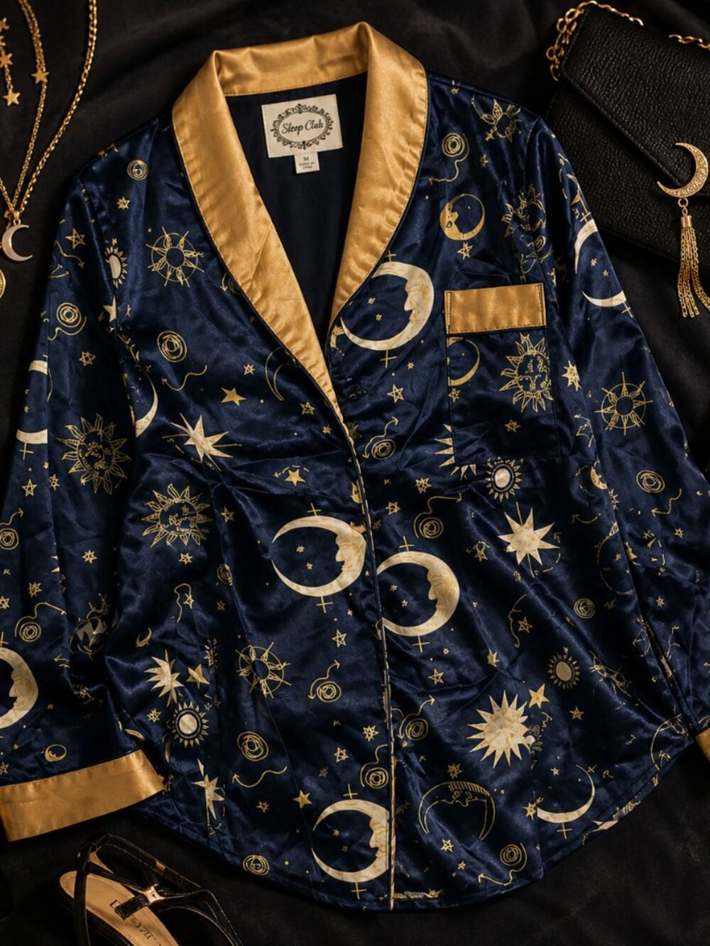 Navy Satin Celestial Print Pajama Jacket with Gold Trim